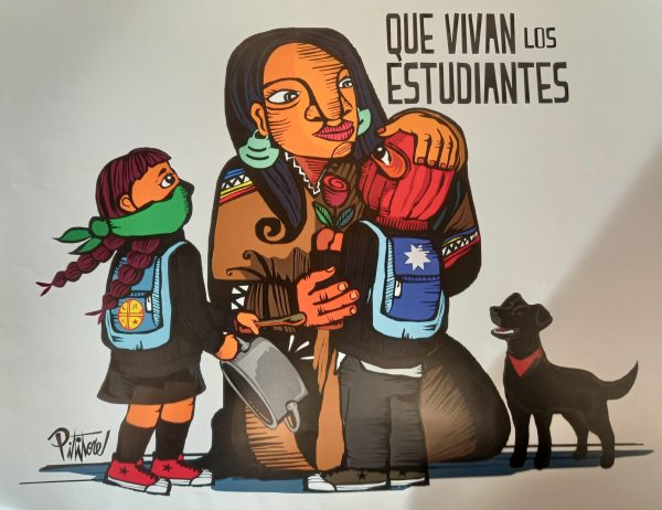 “Que vivan los estudiantes” – Long live the students: The graphic alludes to the pioneering role played by school and university students at the beginning of the protests. It also contains various symbols and references to groups involved: the indigenous movement is represented by the woman in the middle, who can be identified as indigenous by her clothing. The girl's backpack also bears the coat of arms from the Mapuche Wenufoye flag. Her green face mask, associated in Latin America with the demand for the decriminalization of abortion, shows her as a representative of the feminist movement. The black dog (“Negro matapacos”: “Paco” is the colloquial term for the police, so translated it means something like “black cop-killer”) has been a well-known symbol of protest in Chile since the student protests of 2011. Banging on pots and pans (cacerolazo) is a common form of protest in Latin America.