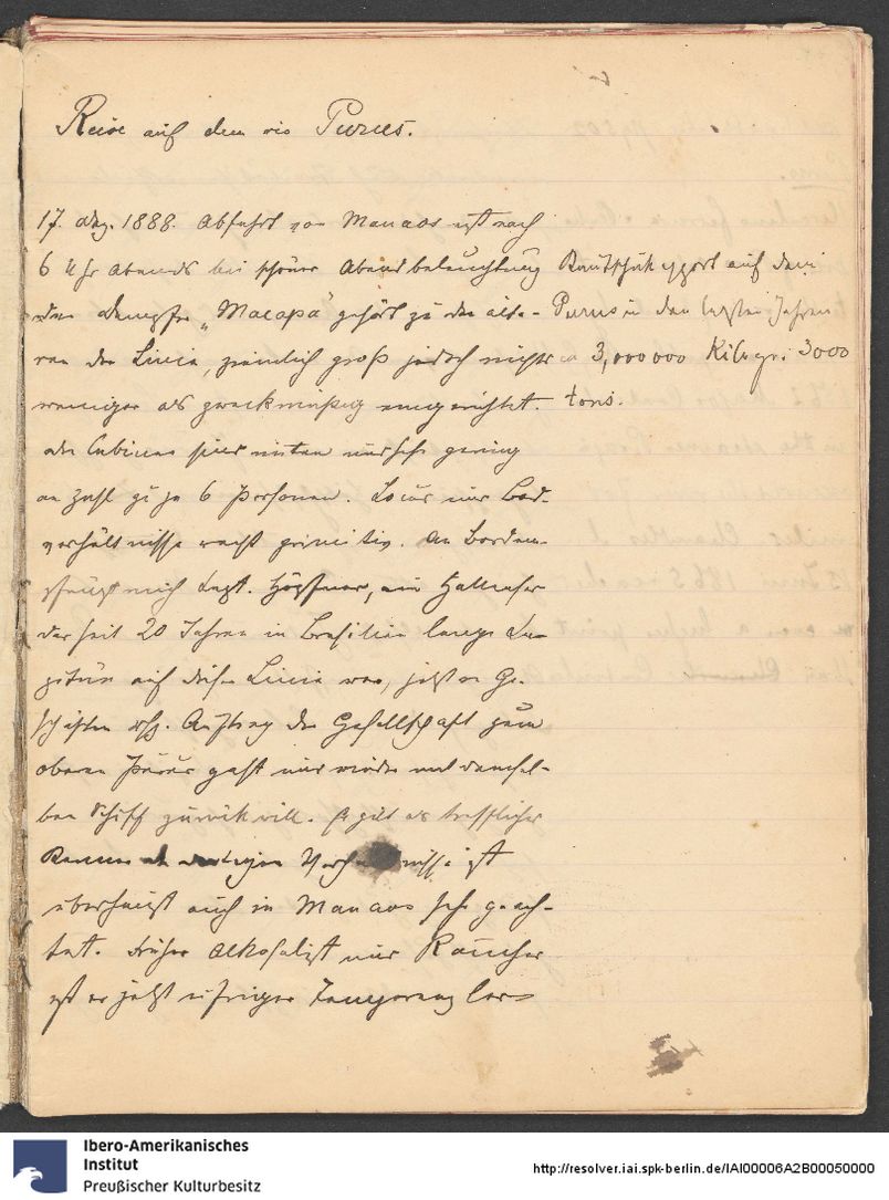 Handschriftliche Seite aus dem Tagebuch datiert auf den 17. August 1888