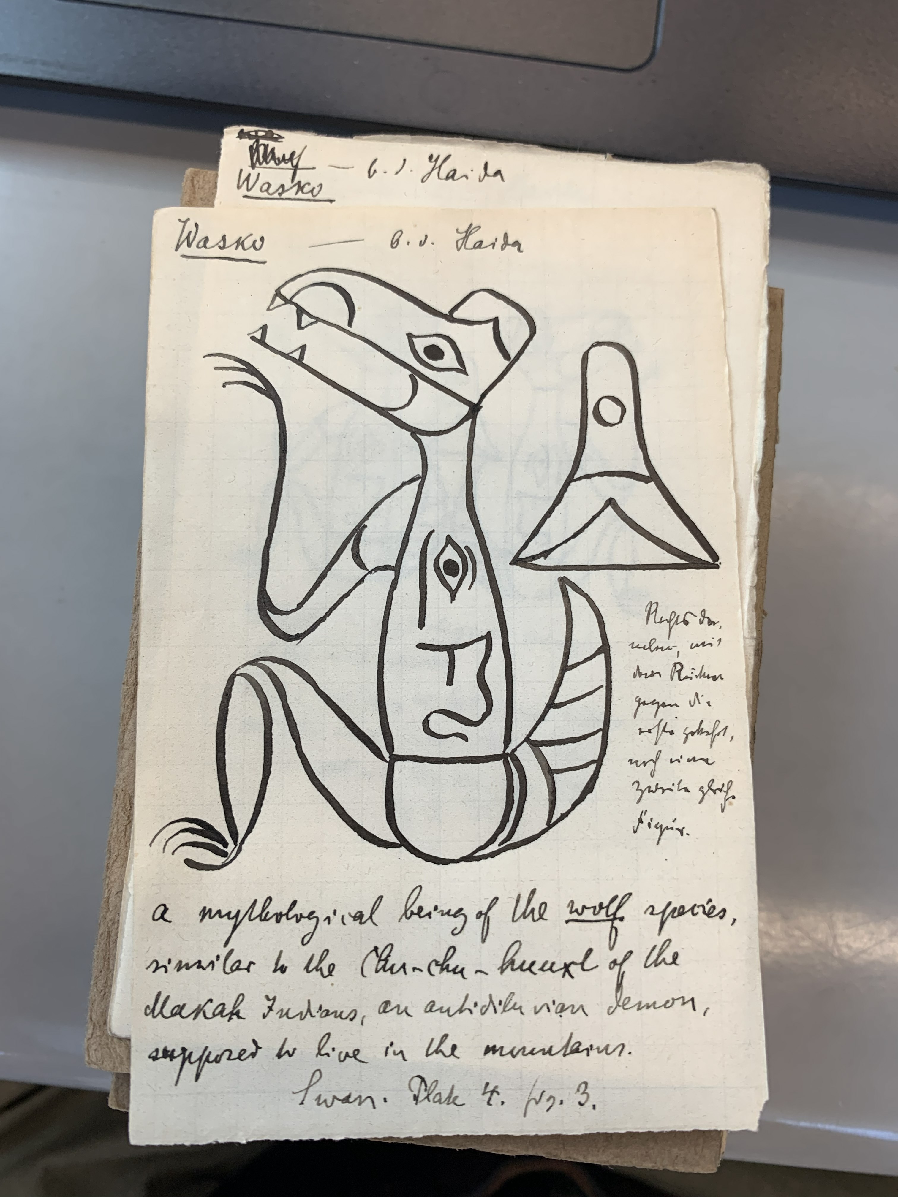 Zeichnung und handschriftliche Notizen auf Papier