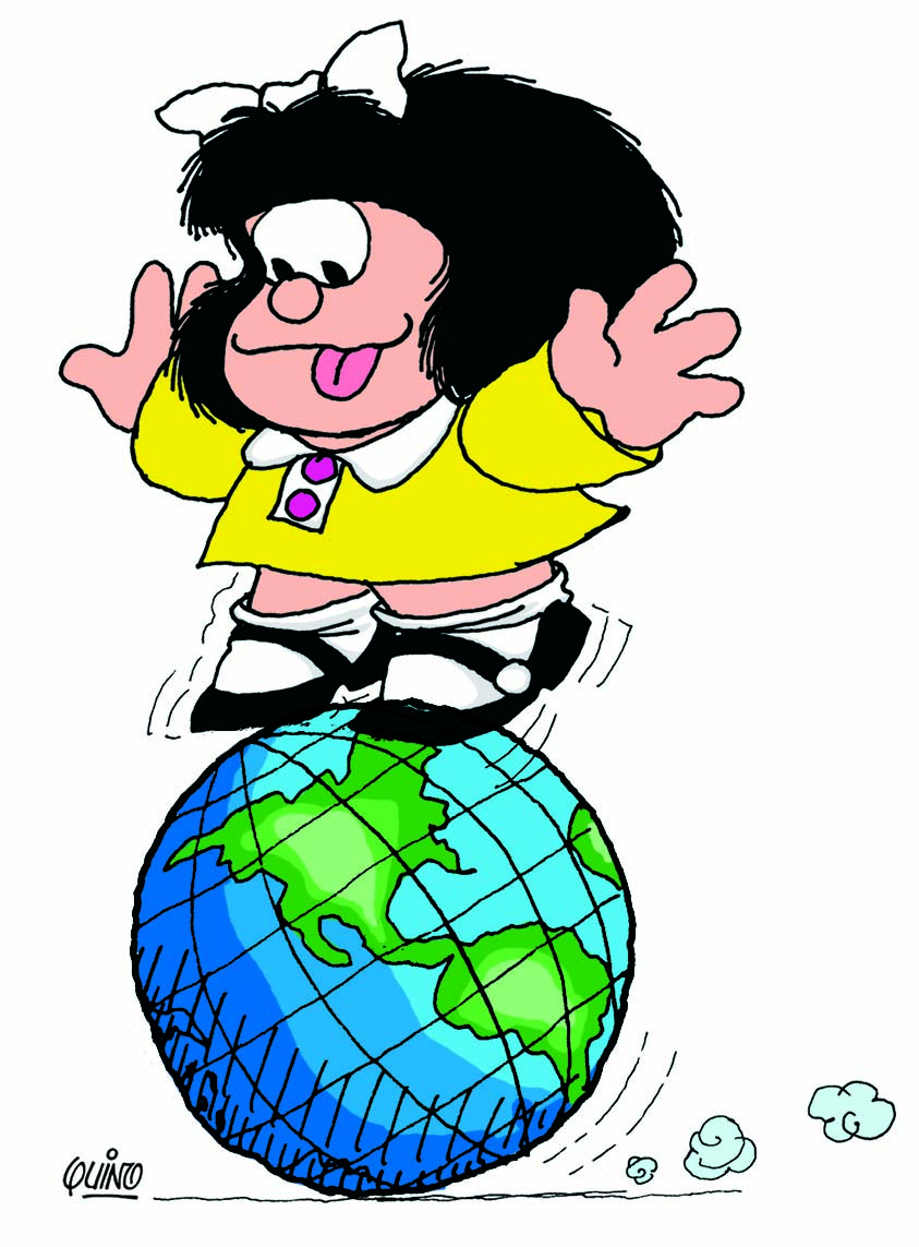 The cartoon character Mafalda balances on a globe.