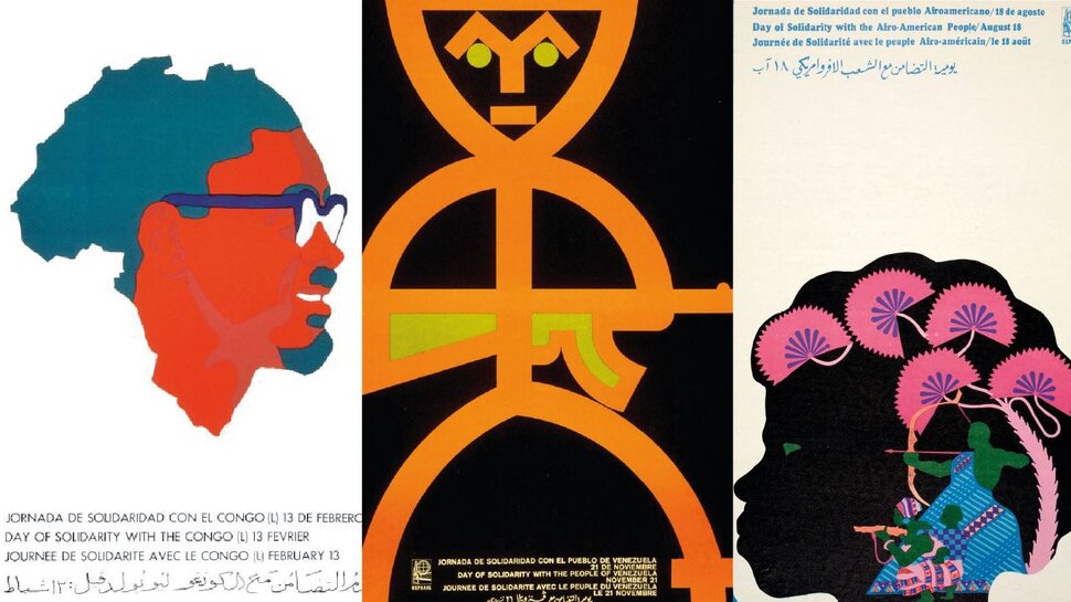A collage of covers featuring various posters with illustrations of heads and figures (opens enlarged image)