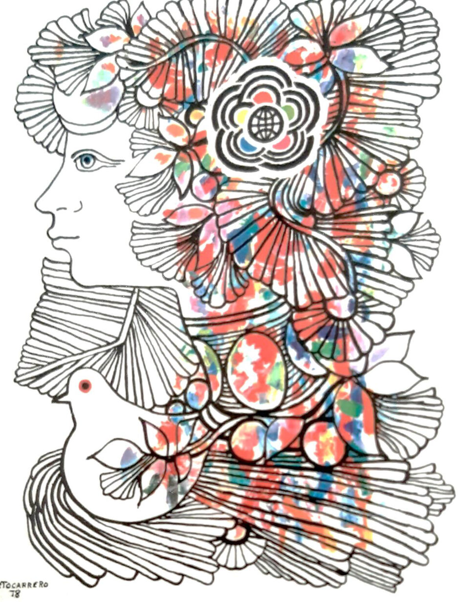 Color illustration featuring a woman's head looking to the side and a dove (opens enlarged image)