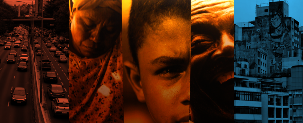 Collage of photos of people of color (boy, woman, man) and cityscapes