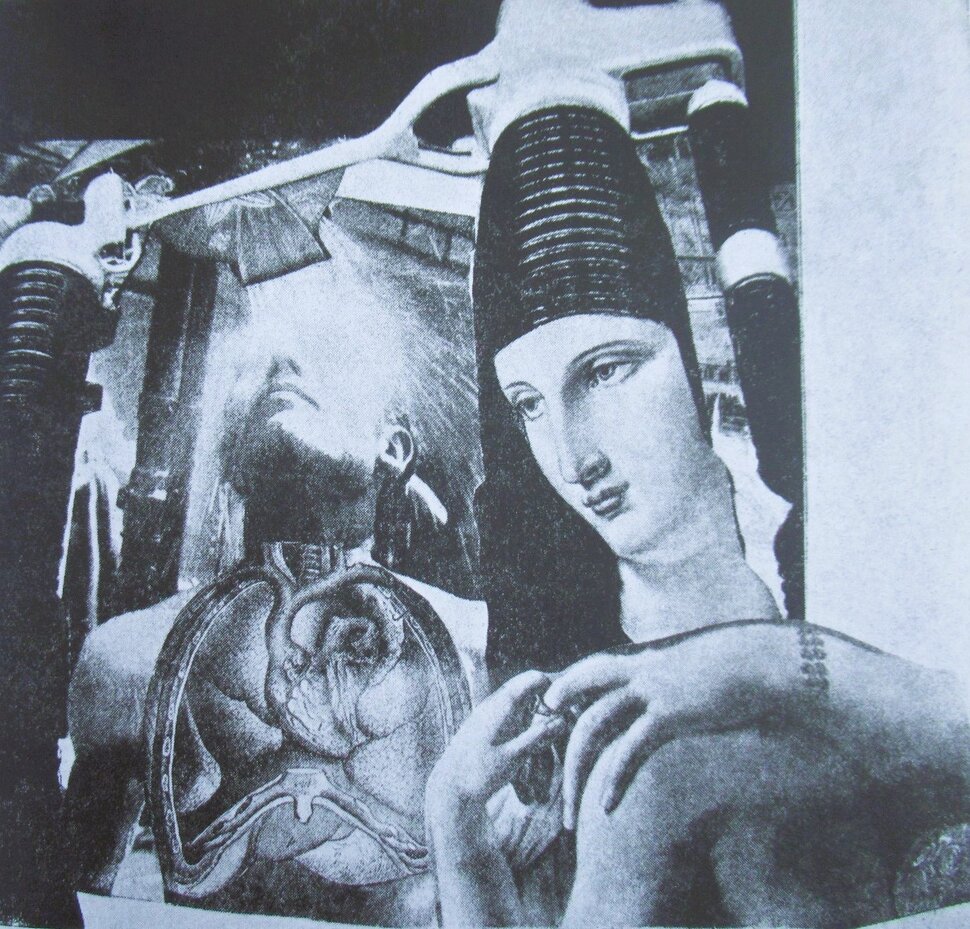 Künstlerische Collage aus Mann mit nacktem Oberkörper und Blick in seine Lunge und nonnenähnlicher Frau (öffnet Vergrößerung des Bildes)