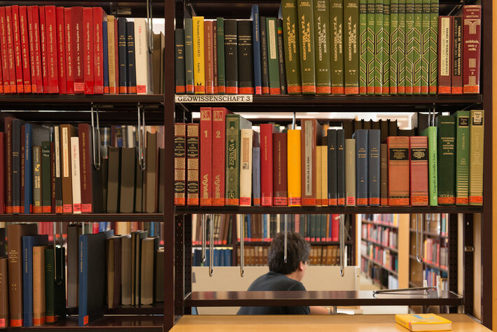 Mirando a través de una estantería en la sala de lectura (abre una ampliación de la imagen)