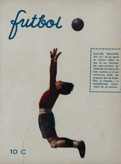 Historisches Zeitschriftencover mit Illustration eines nach einem Ball hochspringenden Torwarts