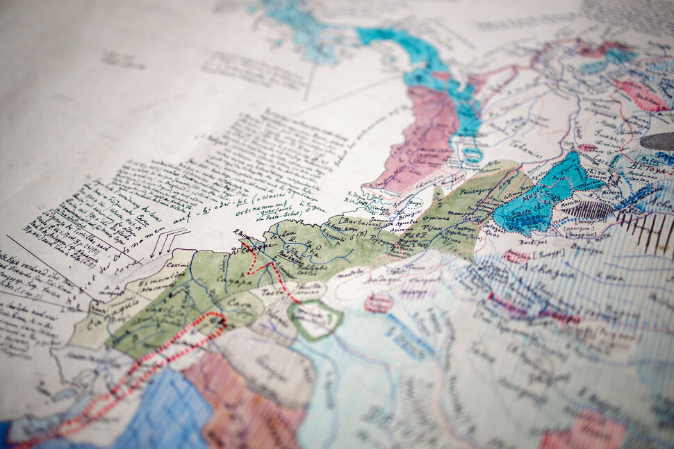 Detailed view of a hand-drawn map with annotations
