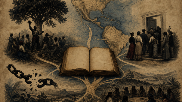 An illustrated collage featuring a book, a broken chain, a group of jubilant African Americans, a group of Native Americans in consultation, and a a diverse gathering of American citizens
