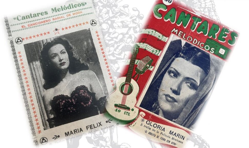 Zwei Titelblätter des Liederbuchs „Cantares Melódicos“ mit Schwarz-Weiß-Porträts von Frauen