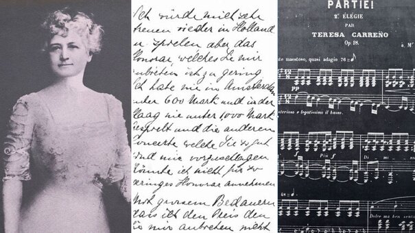 Collage aus schwarz-weiß Foto einer Frau in weißem Kleid, einem handschriftlichen Brief und einer Partitur für Piano