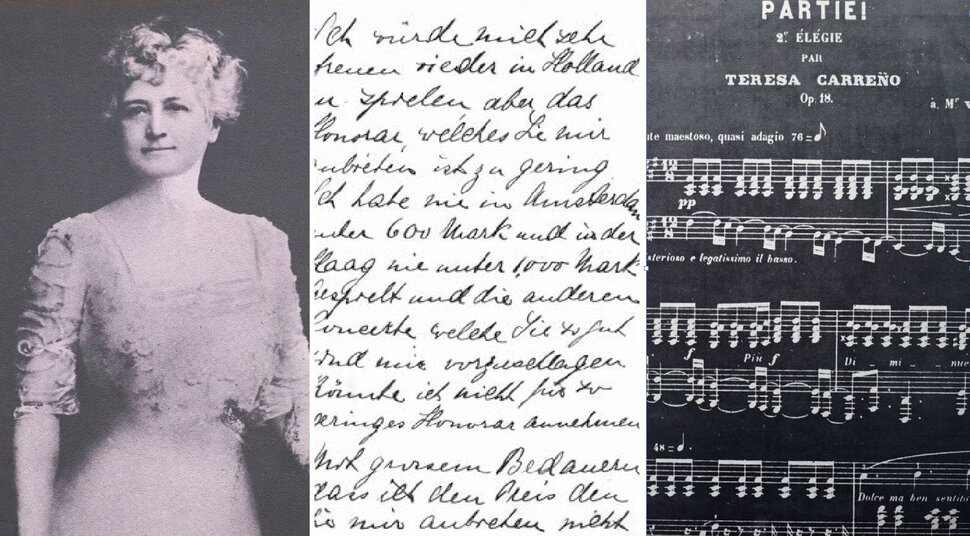 Collage aus schwarz-weiß Foto einer Frau in weißem Kleid, einem handschriftlichen Brief und einer Partitur für Piano